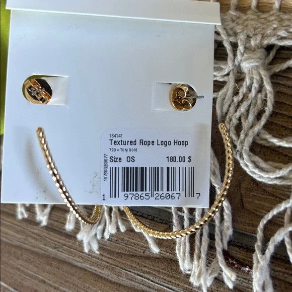 Tory Burch Gold Logo Textured Hoop Earrings - Picture 9 of 9